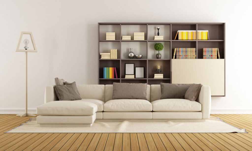 Bookshelf assembled and installed in living room
